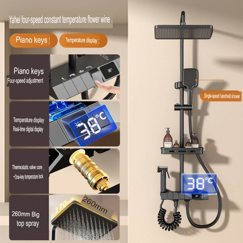 İntellektual Sayğaclı və Termostatik Duş Seti – Ev üçün Əlavə Basınclı Mis Qara Duş Başlığı