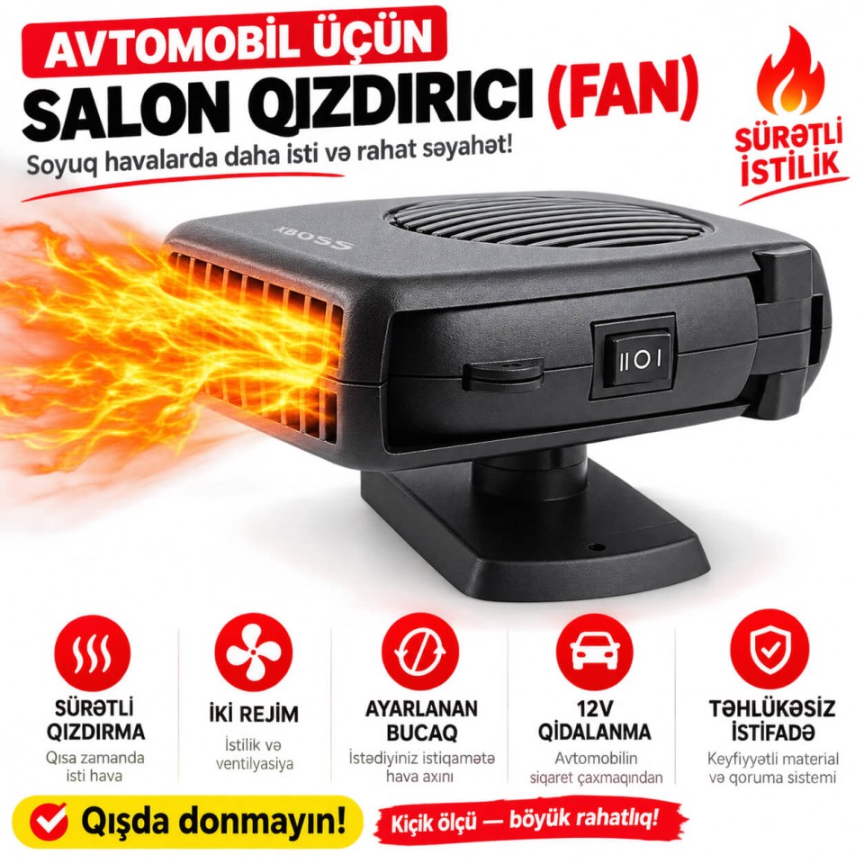 XBOSS Turbo 200W Avtomobil Qızdırıcısı 12V – Şüşə Buz Əridici və Buğ Təmizləyici, 360° Fırlanan, Siqaret Yuvasına