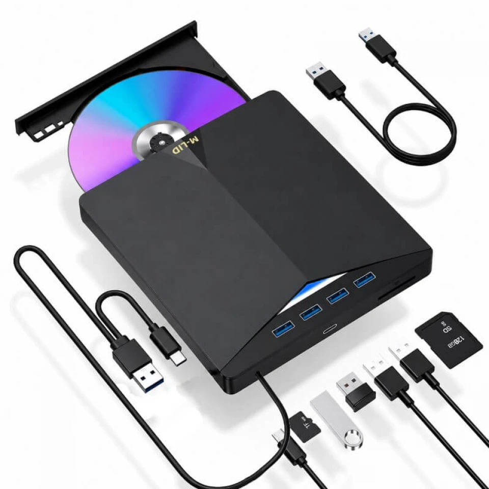 M-LID MD-701 7-in-1 Xarici DVD-RW USB 3.0 Sürücü – CD/DVD Yazıcı, USB Hub, SD/TF