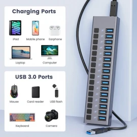 ACASIS 16 Port USB 3.0 Date USB Hub 5Gbps Yüksək Sürətli və Sarj Etmə Funksiyalı - 90 WATT 