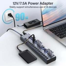 ACASIS 16 Port USB 3.0 Date USB Hub 5Gbps Yüksək Sürətli və Sarj Etmə Funksiyalı - 90 WATT 