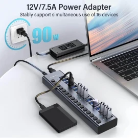 ACASIS 16 Port USB 3.0 Date USB Hub 5Gbps Yüksək Sürətli və Sarj Etmə Funksiyalı - 90 WATT 