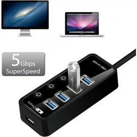 XBOSS i4 5 Portlu Yandırıb Söndürmə Düyməli 5Gbps Sürətli USB HUB (Qara)