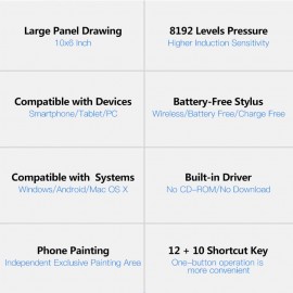 VINSA 10 inç Qrafik Planşet Rəsm və ya Yazı Üçün + Staylus Qələm/Qələm Tutucu / 8 Ədəd Başlıq / Qələm Klipsi
