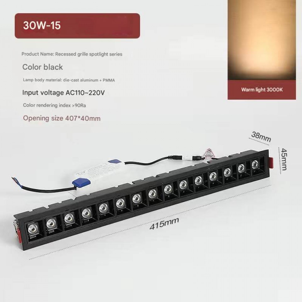 30W Qara LED İnteqrasiya Edilmiş Şəbəkəli Çıraq – İşıqlandırma üçün Daxili Gömülü Xətti Lampa
