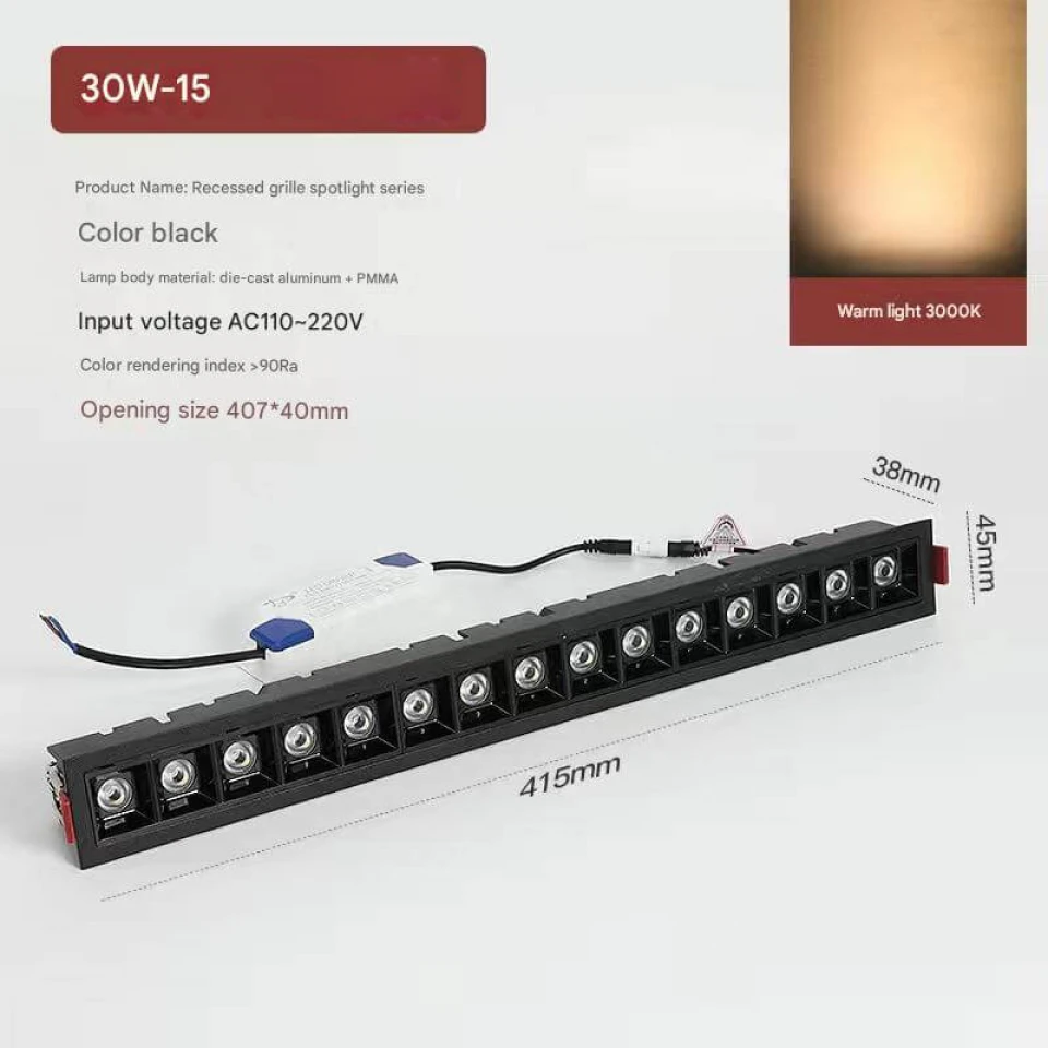 30W Qara LED İnteqrasiya Edilmiş Şəbəkəli Çıraq – İşıqlandırma üçün Daxili Gömülü Xətti Lampa