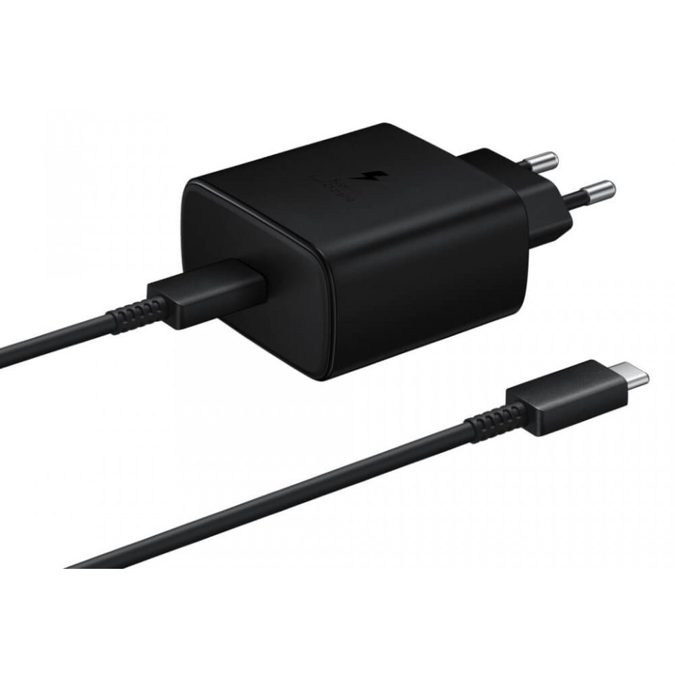 Samsung 45W Adaptor +  Kabel Super Sürətli Doldurma USB C Tipi Galaxy Note 20 10 + 5G A91 A80 S21 S20 Ultra üçün (Qara Kabel ilə)